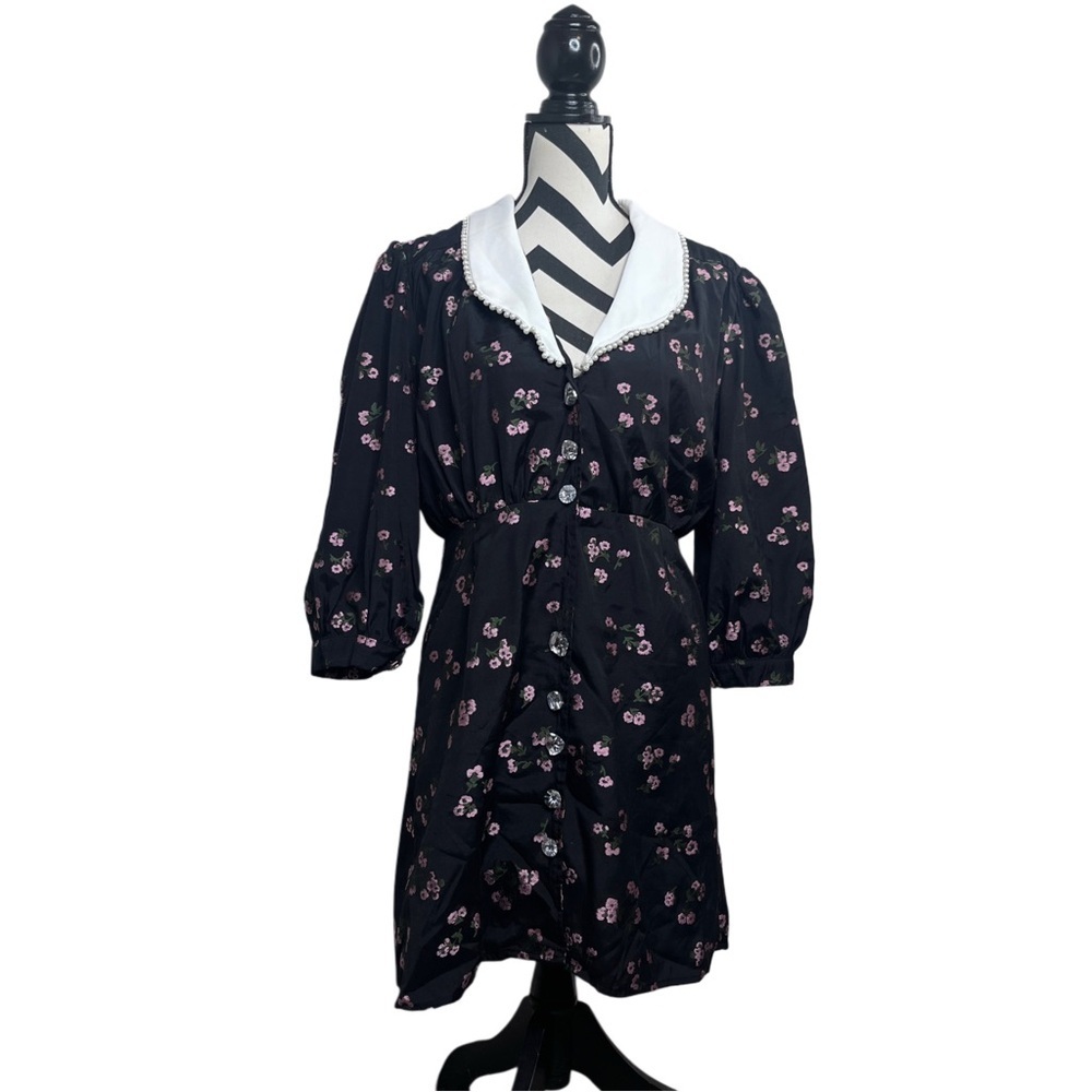 Sister Jane Puff Sleeve Collard Ink Dark Floral Sz L Goth Whimsigoth Dress - Picture 2 of 16